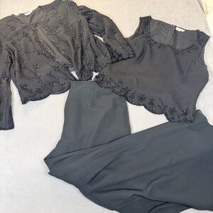 Vintage Zola Evening Women's 3 Pc Black Silk Beaded Formal Pantsuit- Size XL